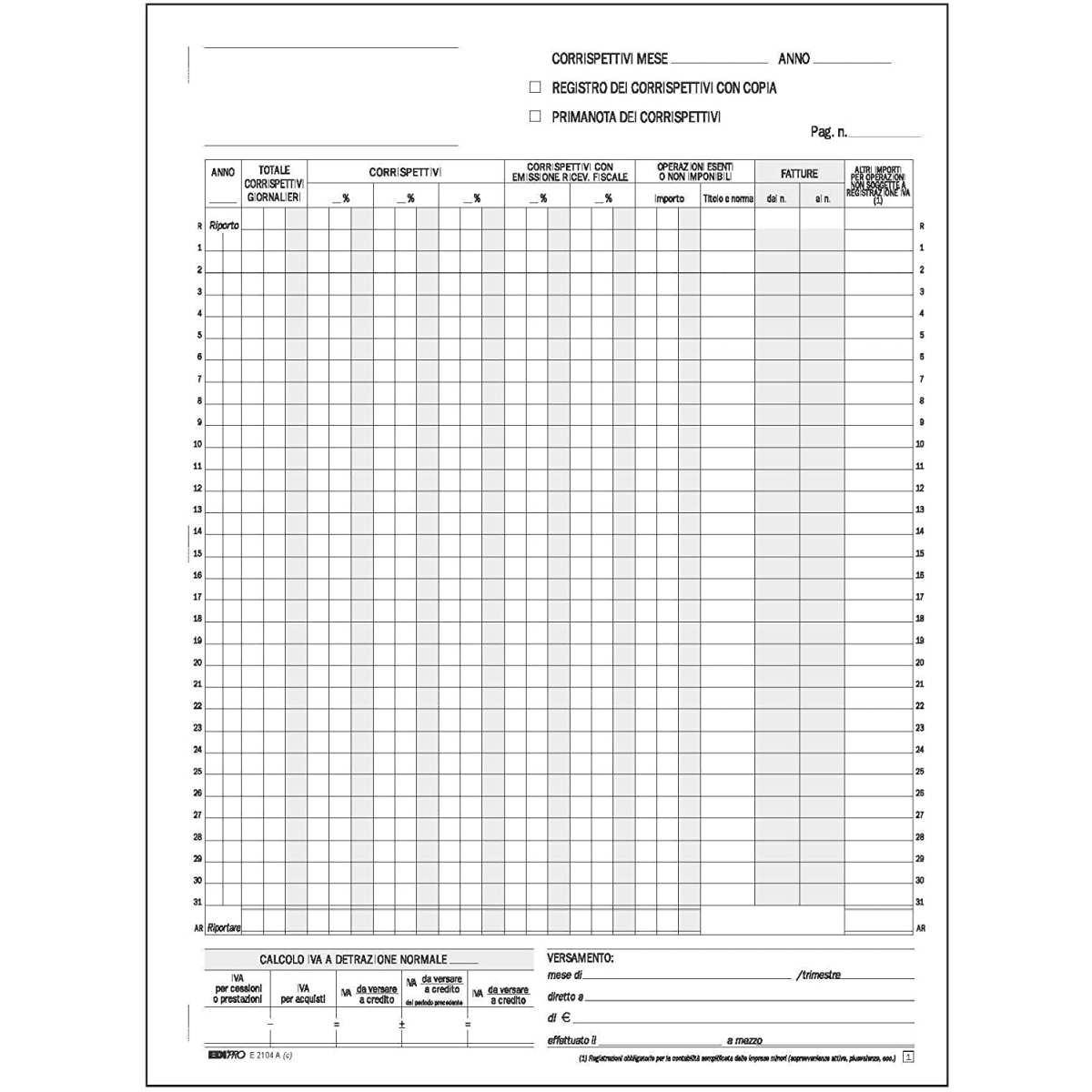 Edipro - registro prima nota iva corrispettivi - 13 fogli - 2 copie - 29,7 x 22,5 cm