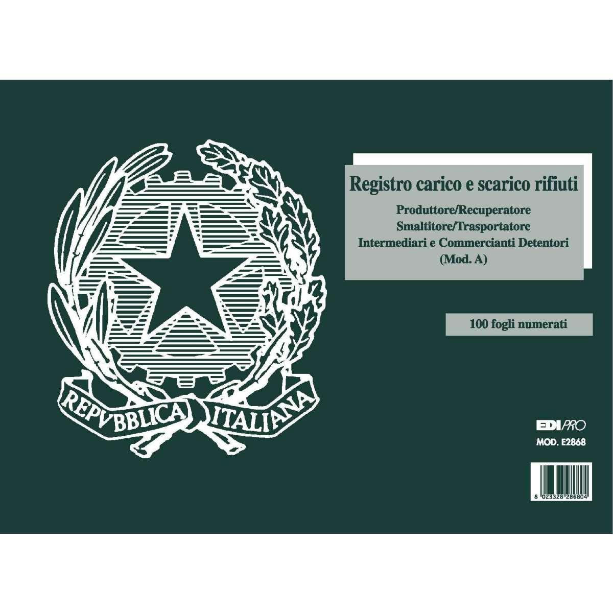 Edipro - blocco carico/scarico rifiuti detentori (modello a) 100 pagine numerate - formato 22,5 x 29,7 cm