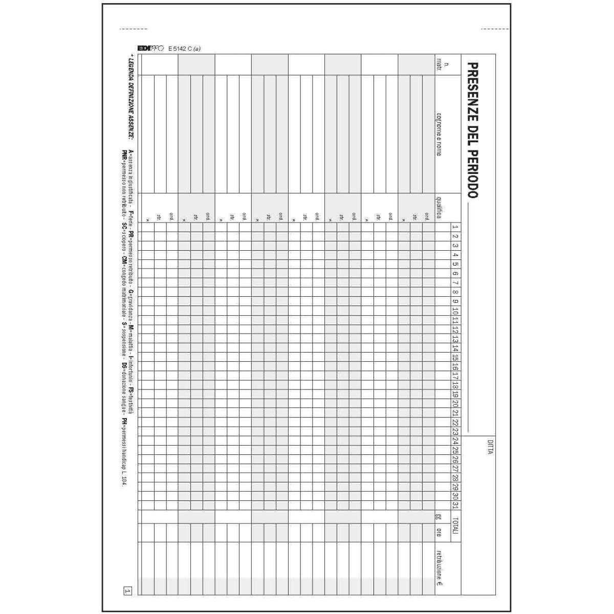 Edipro - blocco presenze mensili 25 x 2 copie autoricalcante - formato 14,8 x 22 cm