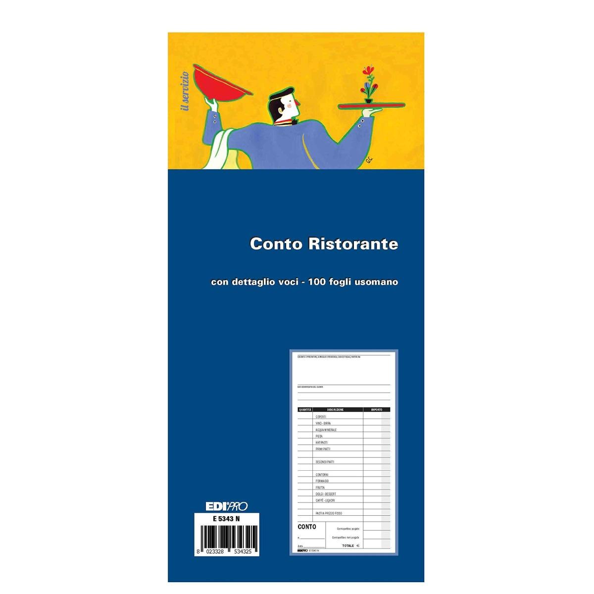 Edipro - blocco conto ristorante con dettaglio voci 100 fogli uso mano - format 22 x 9,9 cm