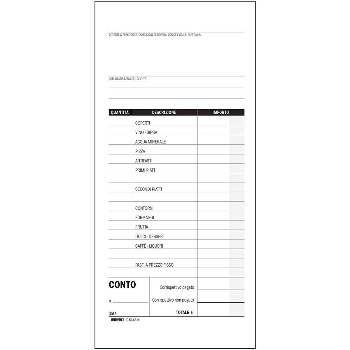 Edipro - blocco conto ristorante con dettaglio voci 100 fogli uso mano - format 22 x 9,9 cm