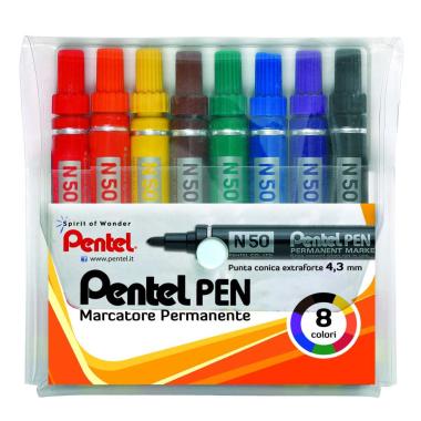 Pente pen n50 - marcatore permanente con punta cponica - taschina 8 pz colori assortiti (nero / blu / rosso / giallo / viola / verde / arancio / marrone)
