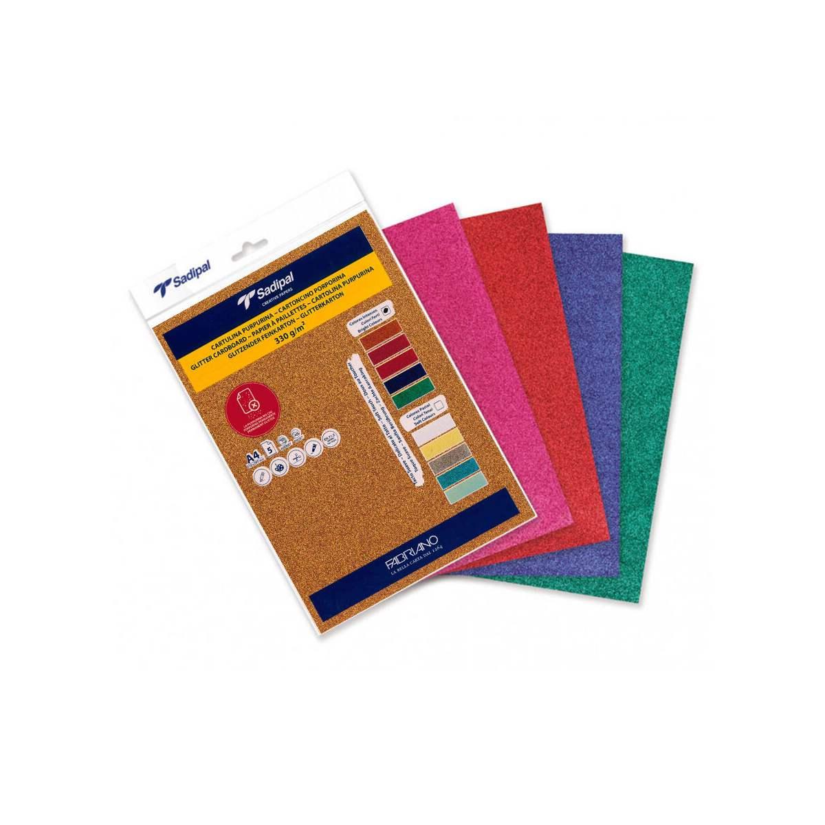 Cartoncino glitter - 330 gr - formato a4 - confezione 5 colori forti