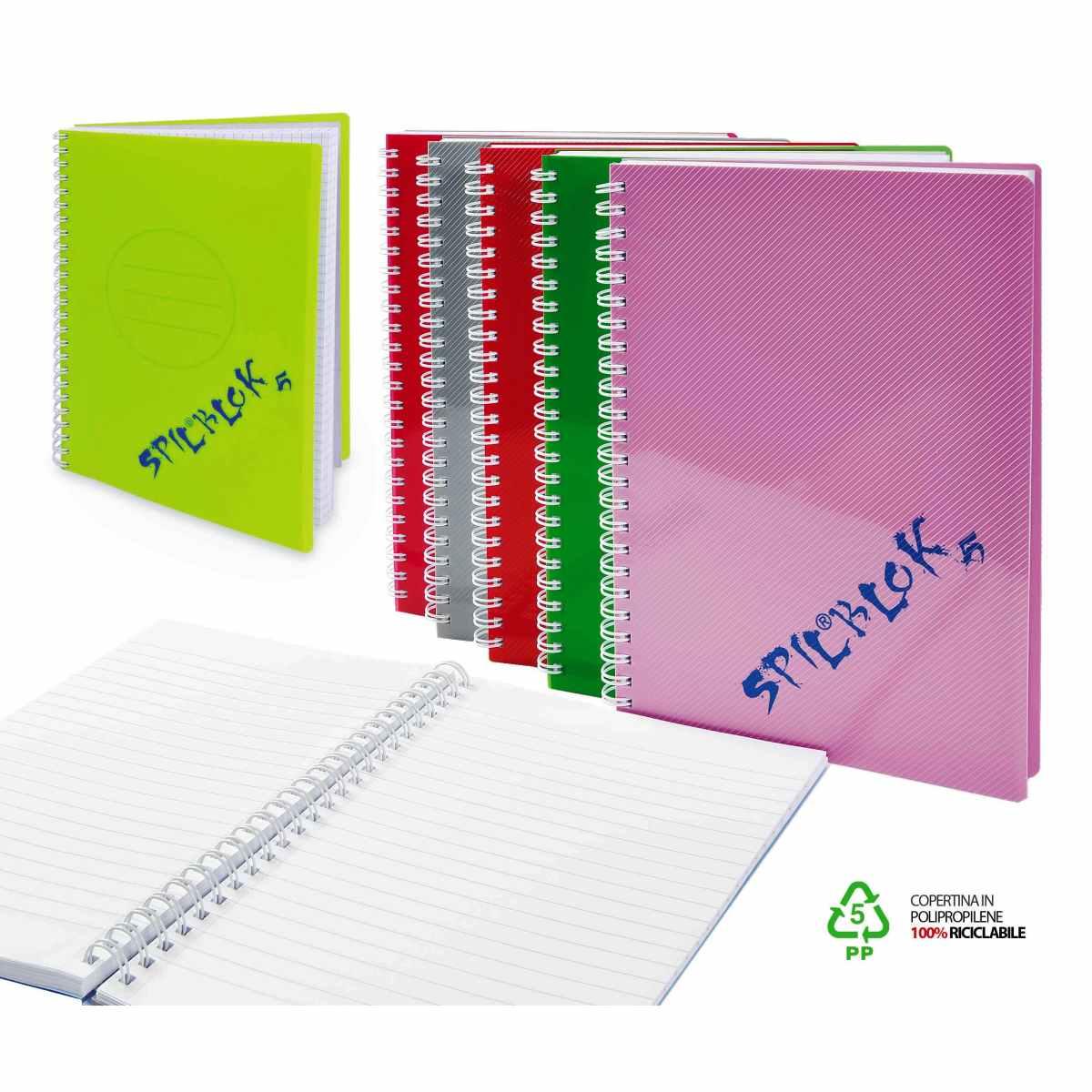 Spilbok5 - quaderno spiralato a5 con copertina pp 80 fogli 80 g/m2 - con (cf) o senza (sf) fori - 12 colori assortiti -
