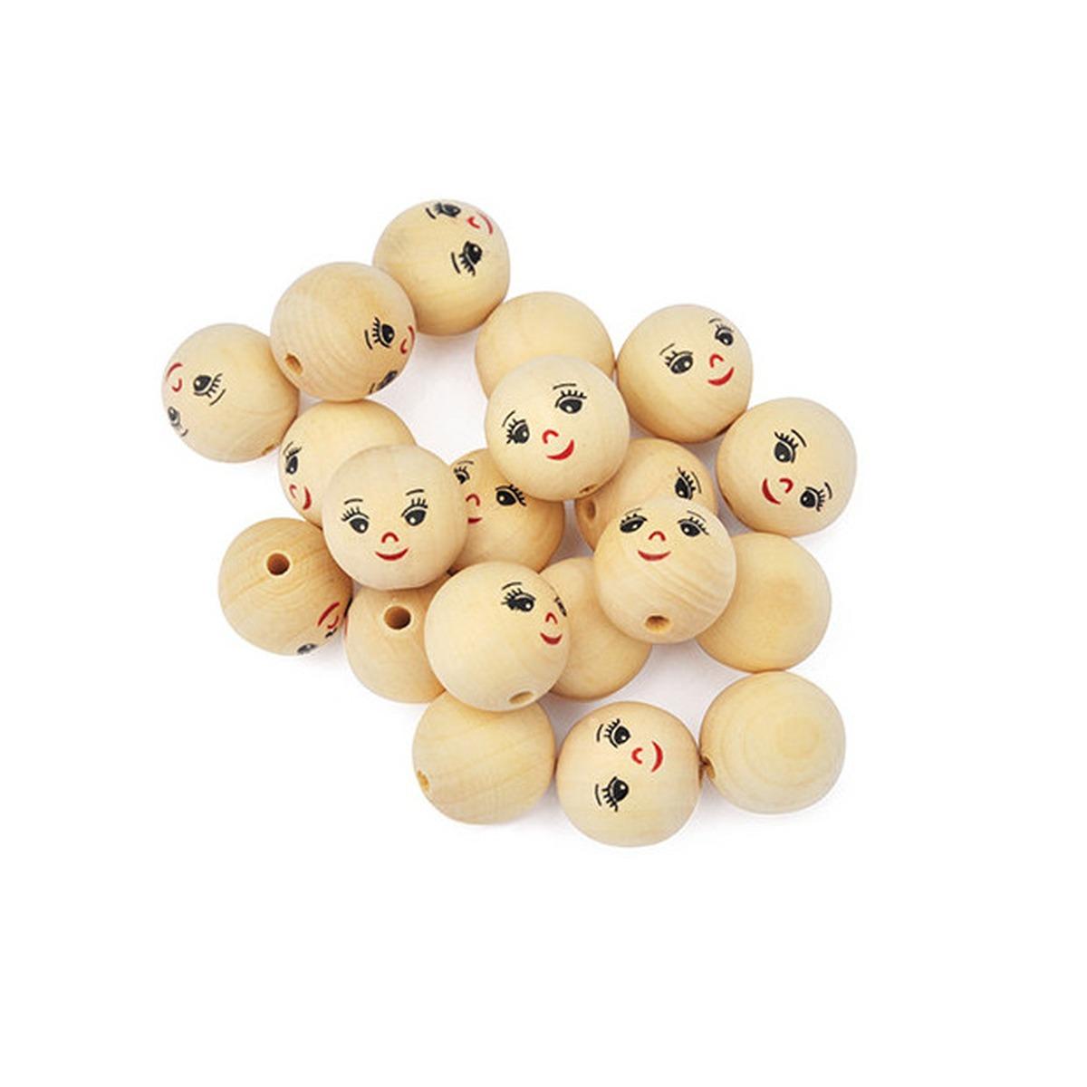 Deco - faccine in legno con visi espressivi colore naturale - Ø 30 mm - 20 pz