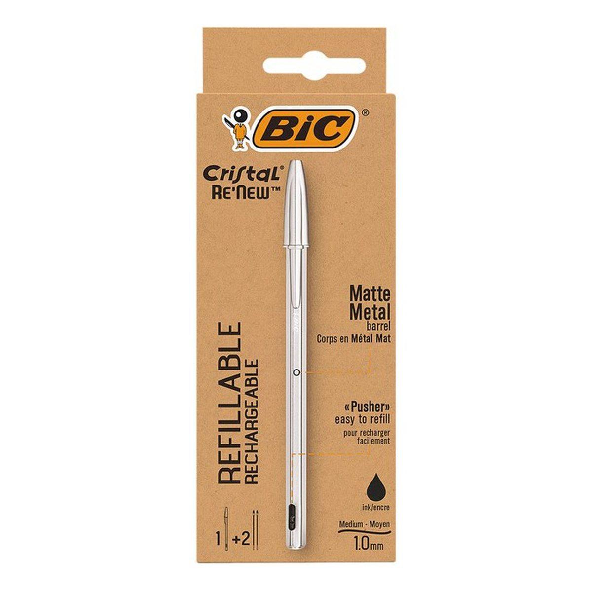 Bic cristal metal re'new - penna a sfera + 2 ricariche - punta 1.0 mm
