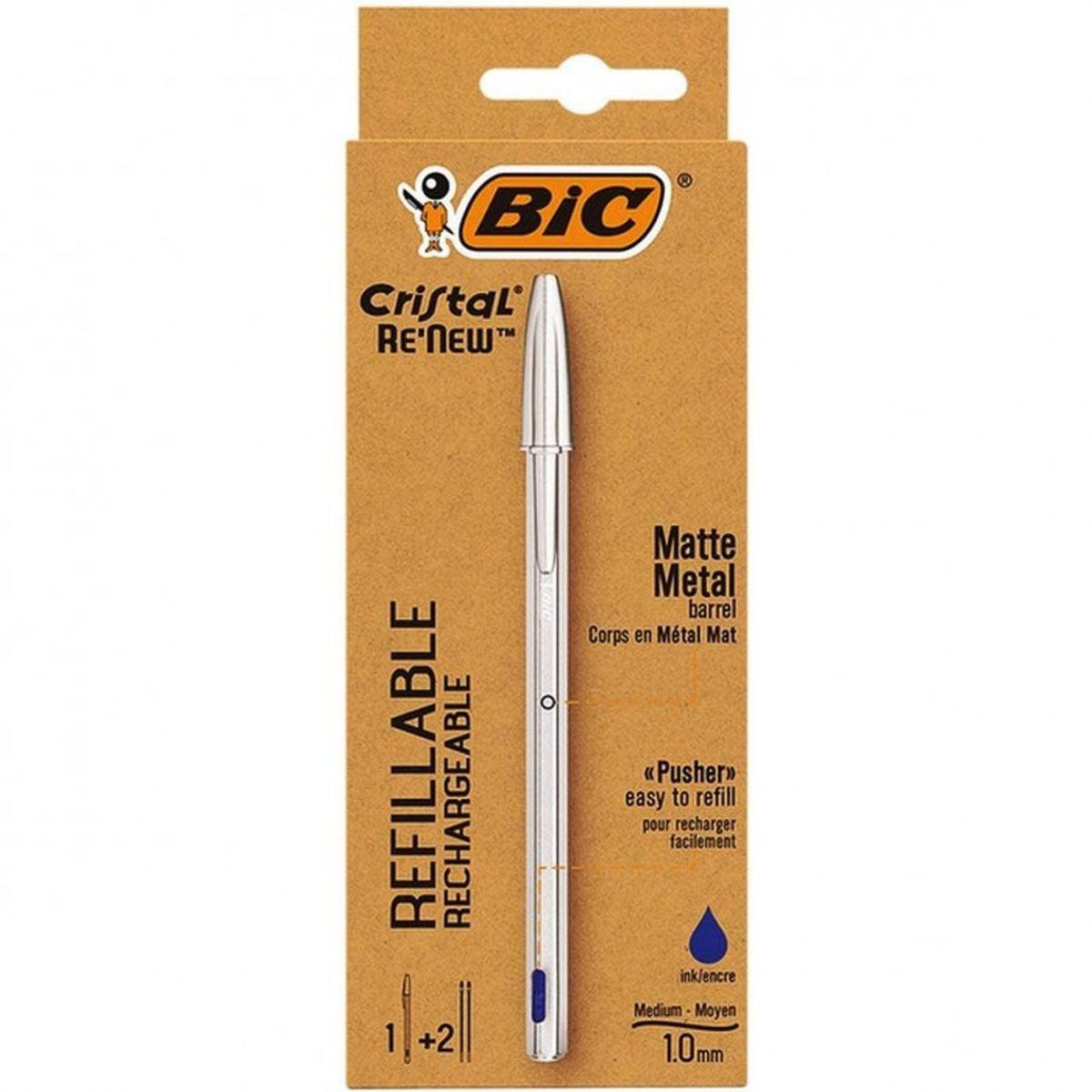 Bic cristal metal re'new - penna a sfera + 2 ricariche - punta 1.0 mm
