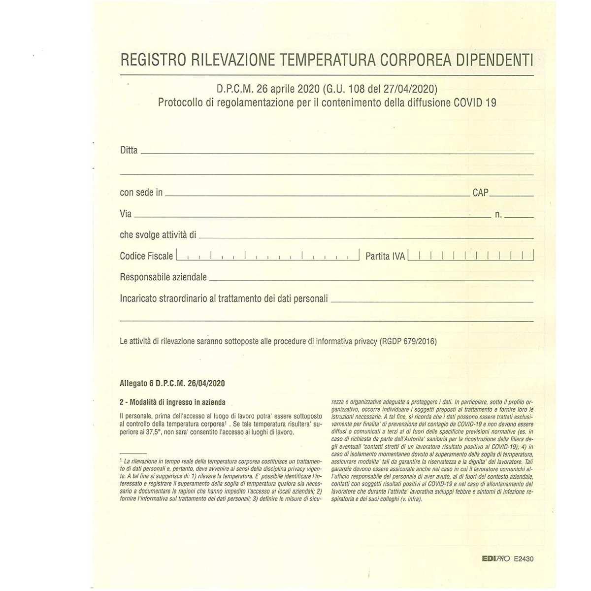 Edipro - registro rilevazione temperatura corporatura dipendenti 32 pagine - formato 31 x 24,5 cm