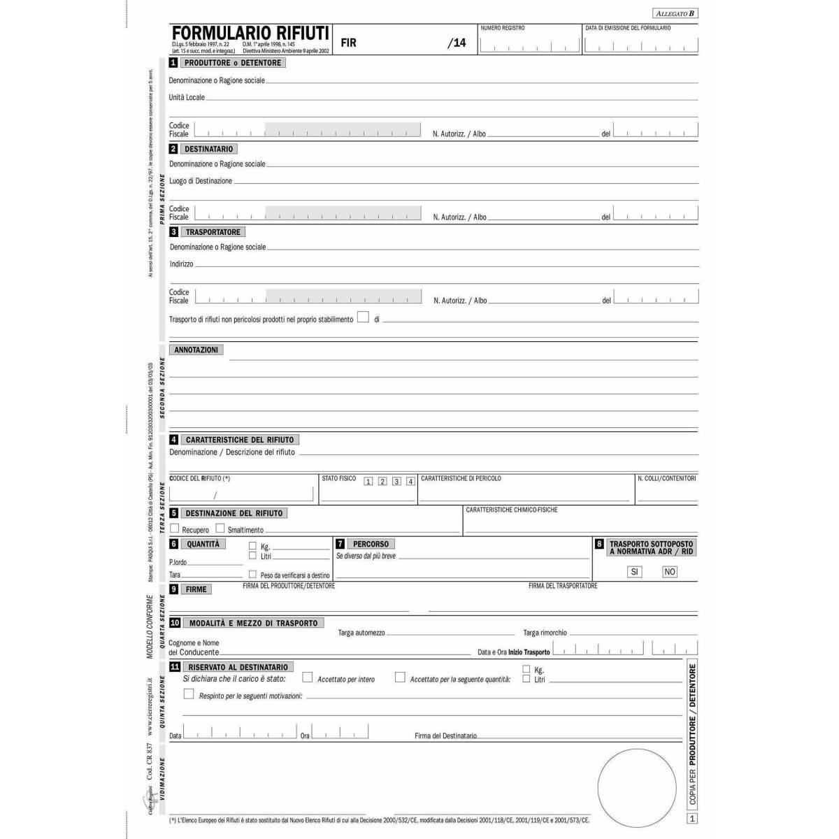 EDIPRO - FORMULARIO DI IDENTIFICAZIONE RIFIUTI 4 COPIE MECCANOGRAFICO - FORMATO 12" X 24 CM