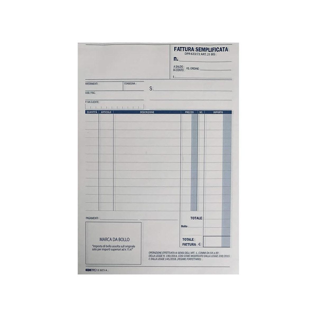 Edipro -  fattura semplificata 50 x 2 autoricalcante - regime forfettario - formato 22 x 14,8 cm