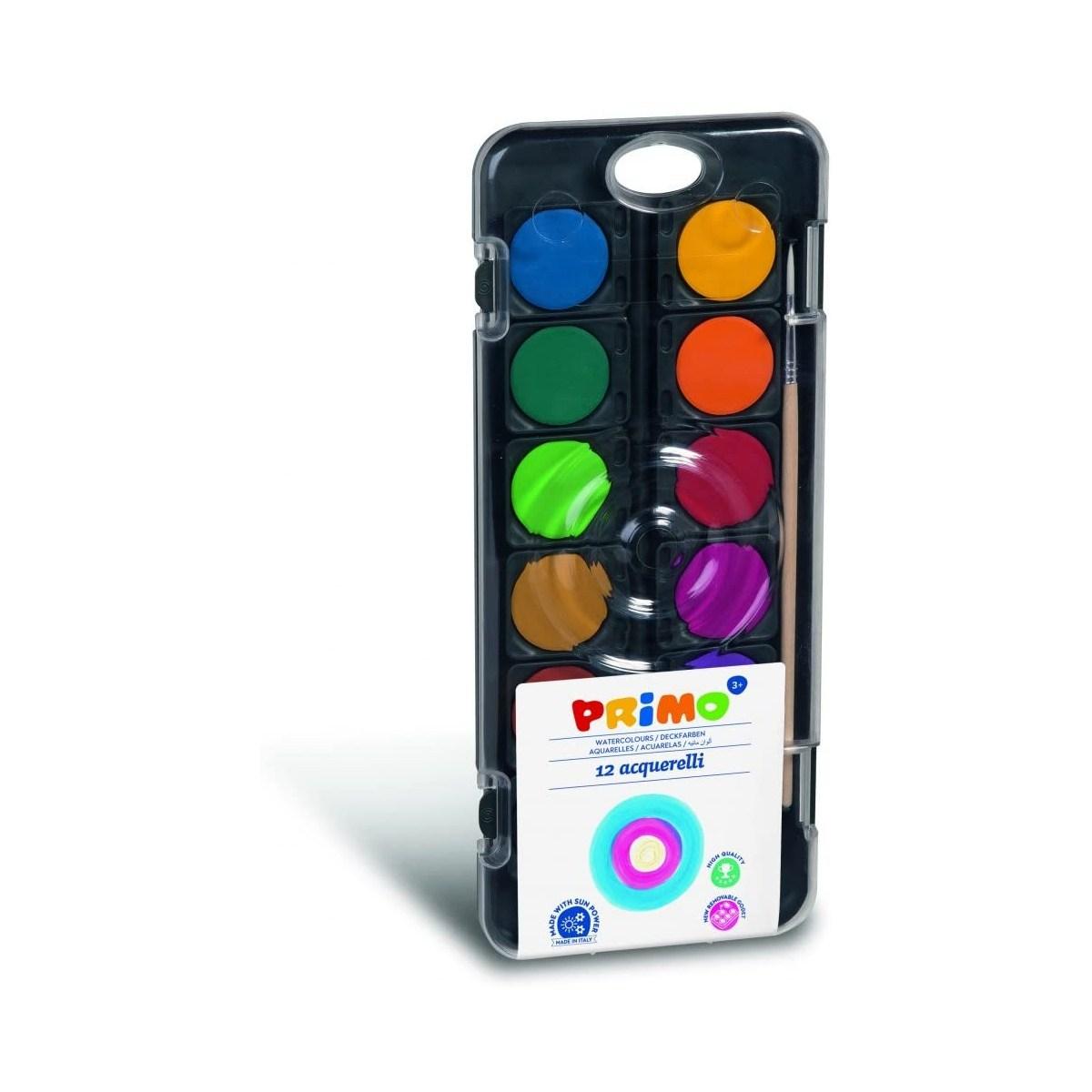 Primo - pastiglie acquerello fine - scatola in plastica con coperchio tavolozza - 12 pastiglie Ø 30mm + 1 pennello + 1 tubetto di tempera bianco