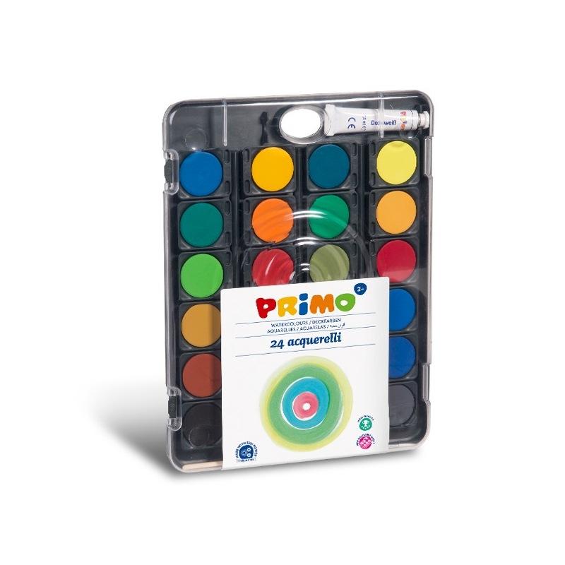 Primo - pastiglie acquerello fine - scatola in plastica con coperchio tavolozza - 24 pastiglie Ø 30mm + 1 pennello + 1 tubetto di tempera bianco