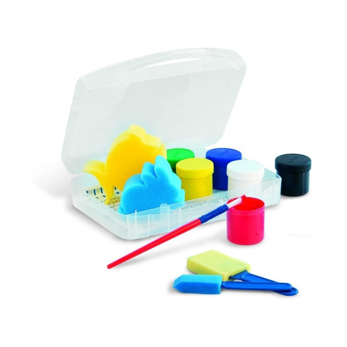 Primo - tempera alta qualita' in barattolo da 44ml - valigetta multiuso con 6 colori + 2 spugne + 3 pennelli in spugna + 1 tovaglietta in plastica + 1 pennello jumbo