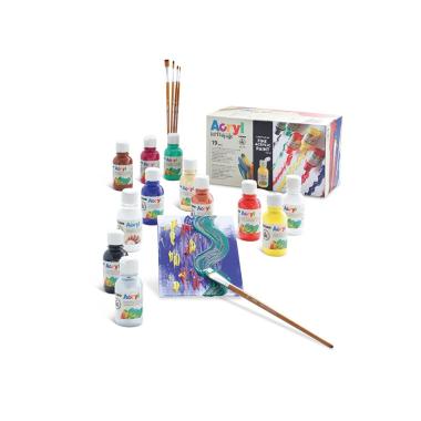 Primo - set artistico con colore acrilico fine in bottiglie da 125 ml - 11 colori - 1 vernice lucida - 2 cartoncini telati 18 x 24 cm - 5 pennelli: (tondo 5,8; piatto 6,10,18.)