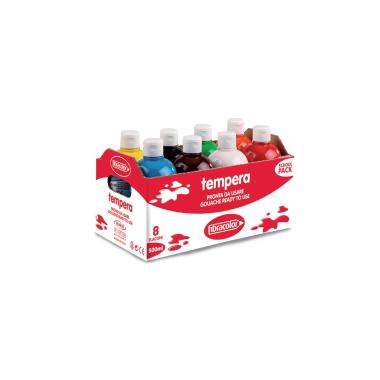 Fibracolor tempera pronta - school pack 8 flaconi da 500 ml colori assortiti (rosso - arancio - nero - bianco - verde brillante - blu - giallo - marrone)