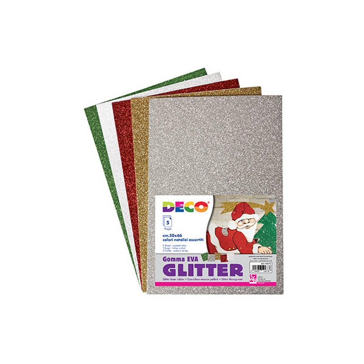 Deco - gomma crepp glitter - busta 5 fogli da 20 x 30 cm - assortimento natale