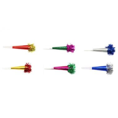 TROMBETTA LASER CON FRANGIA 25CM "BUON ANNO" - CONFEZIONE DA 6 PZ COLORI ASSORTITI