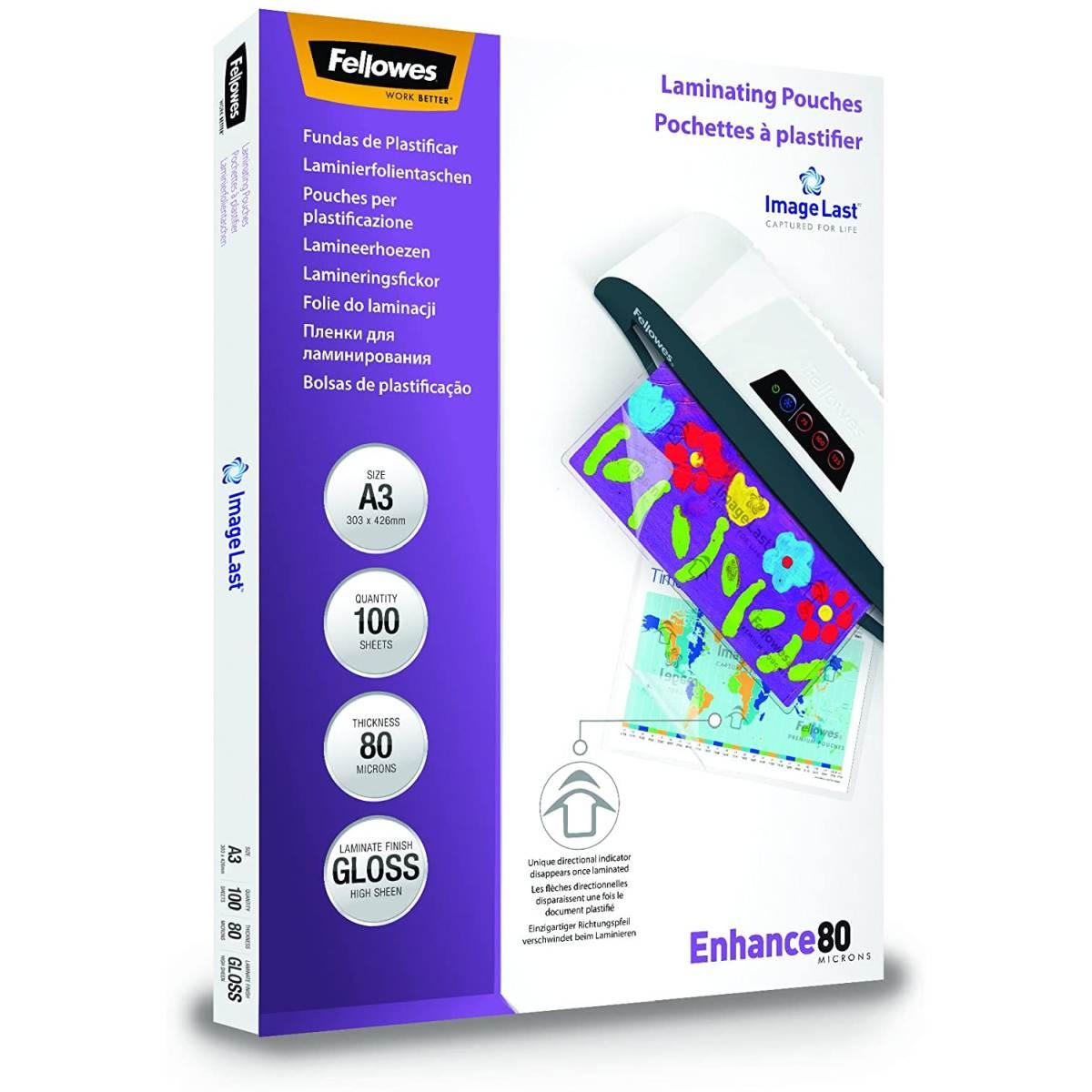 Fellowes - pouches di plastificazione per documenti, formato a3, 80 micron - confezione da 100 fogli