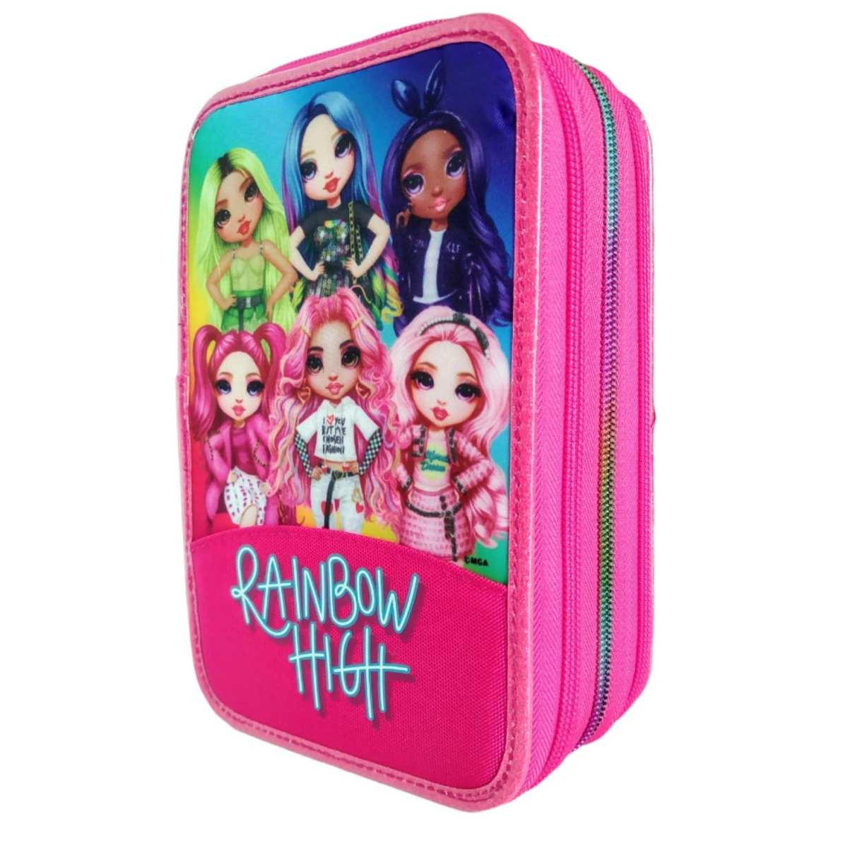 Astuccio corredo scuola 3 zip rainbow high con penna frixion