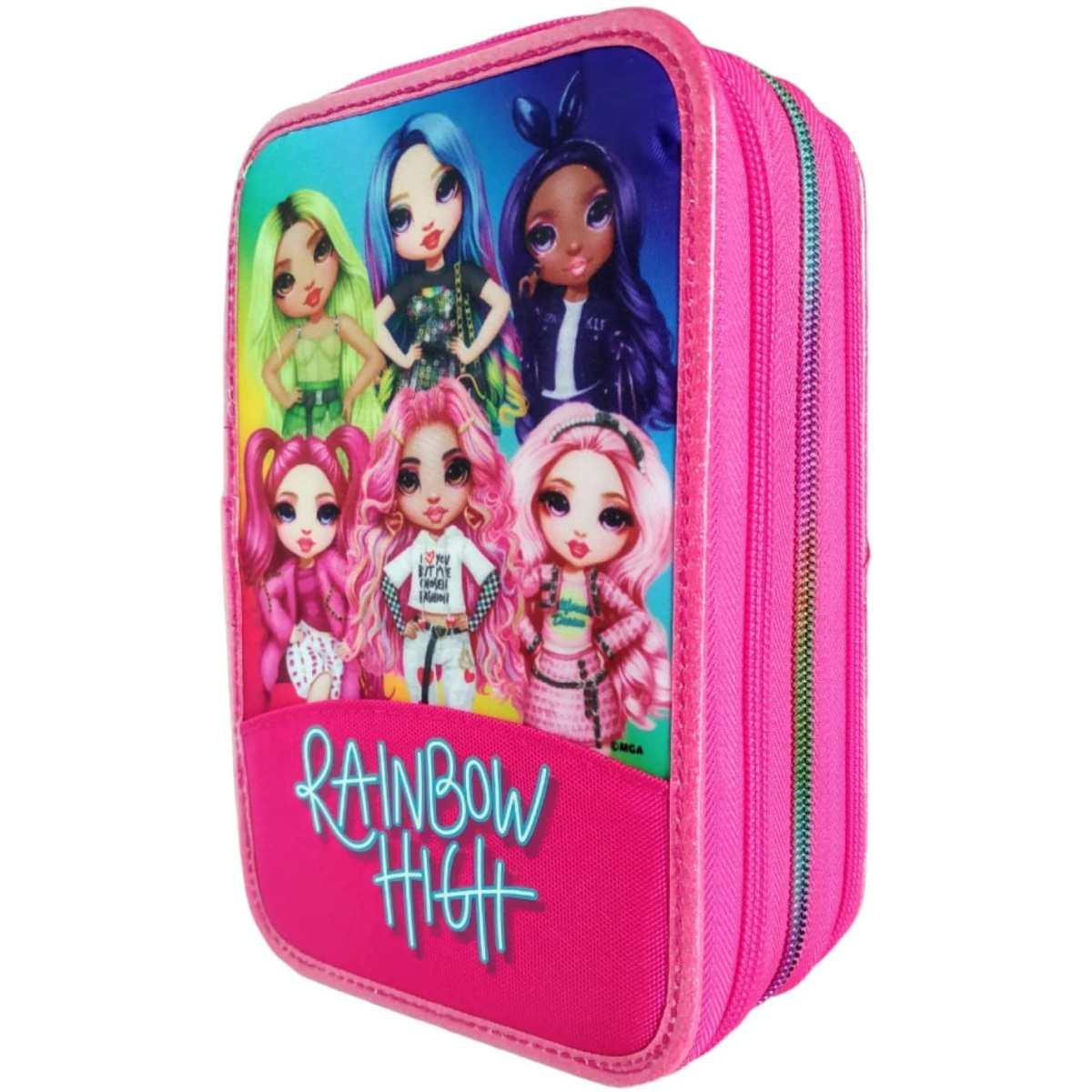 Astuccio corredo scuola 3 zip rainbow high con penna frixion