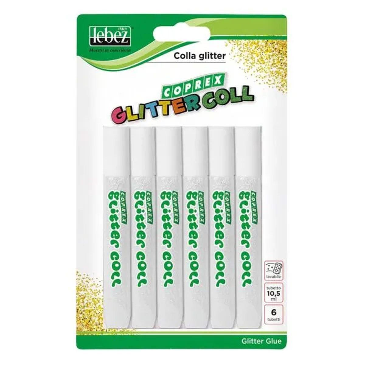 Lebez - coprex glitter colla classica in tubetto da 10,5 ml. blister da 6 pezzi.
