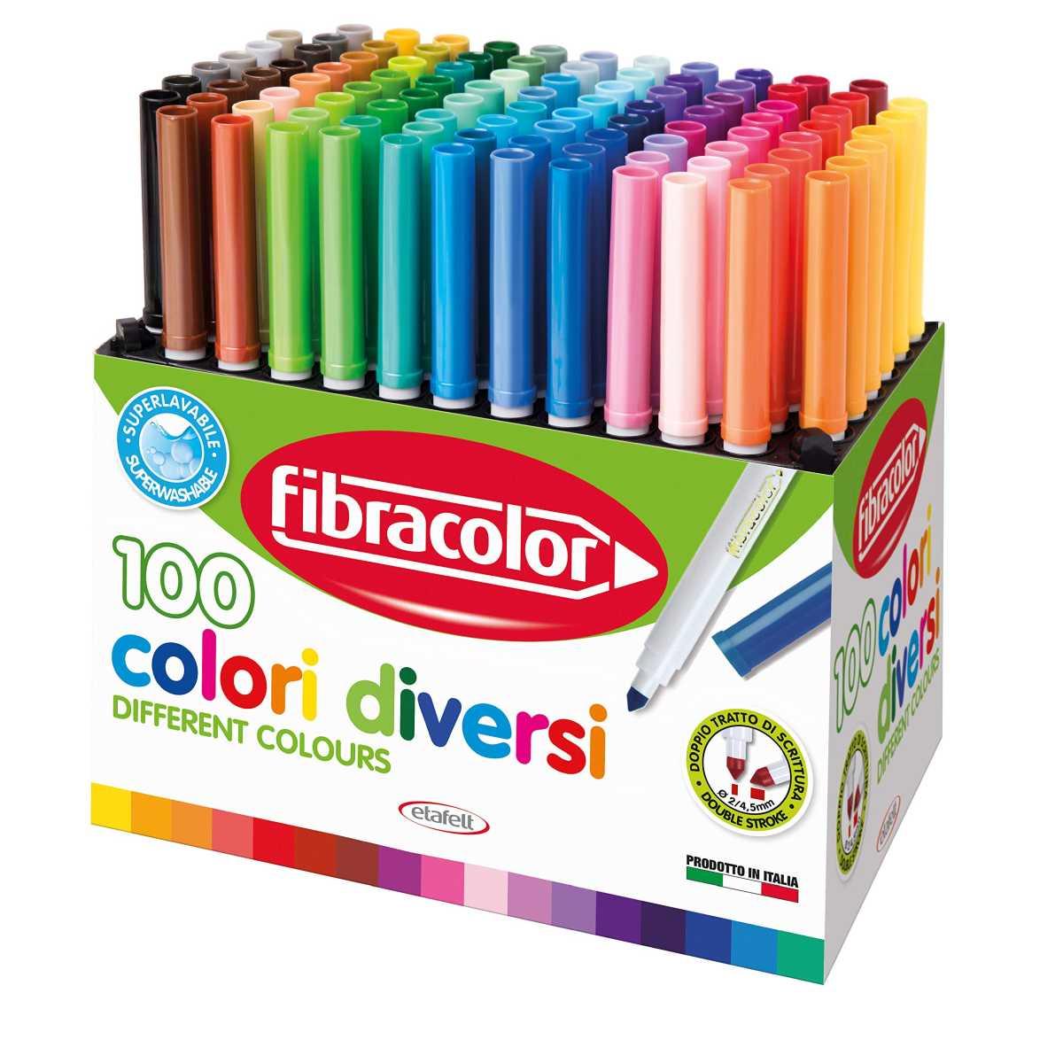 Fibracolor 100 colori diversi - pennarelli punta conica - schoolpack 100 pz
