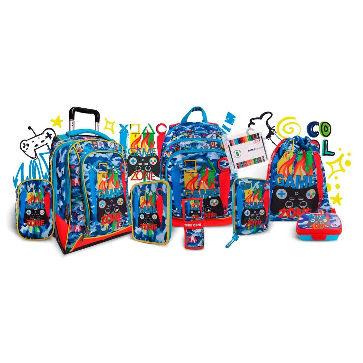 Young people - zaino linea dream game zone + luci + omaggio: ricarica astuccio tinta unita 18 + 18