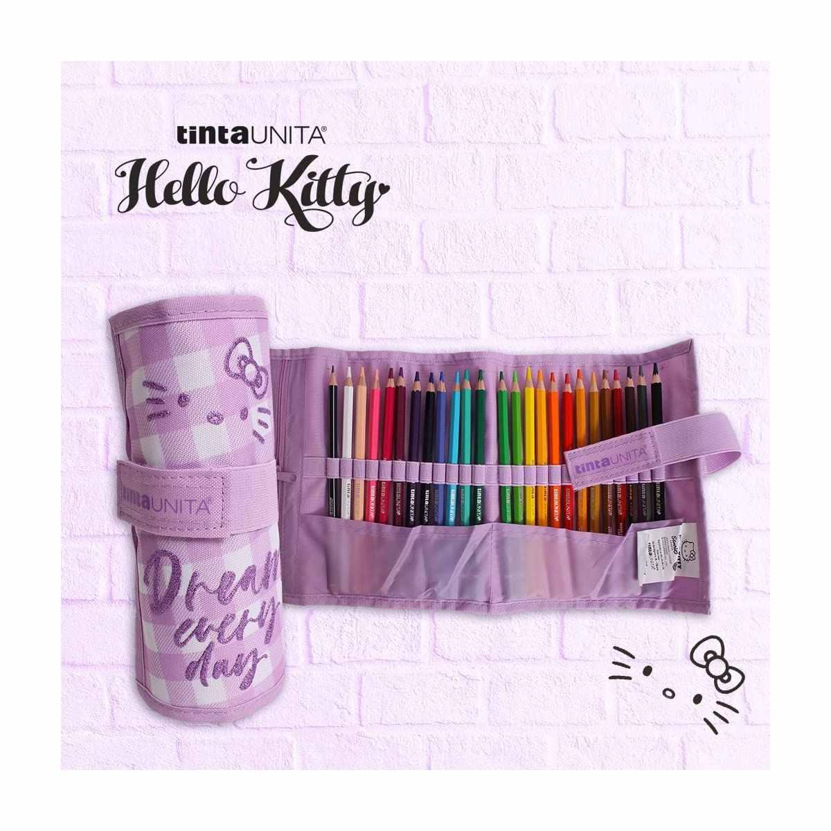 Tinta unita hello kitty - borsellino rotolo con 24 pastelli + 1 matita + mini astuccio