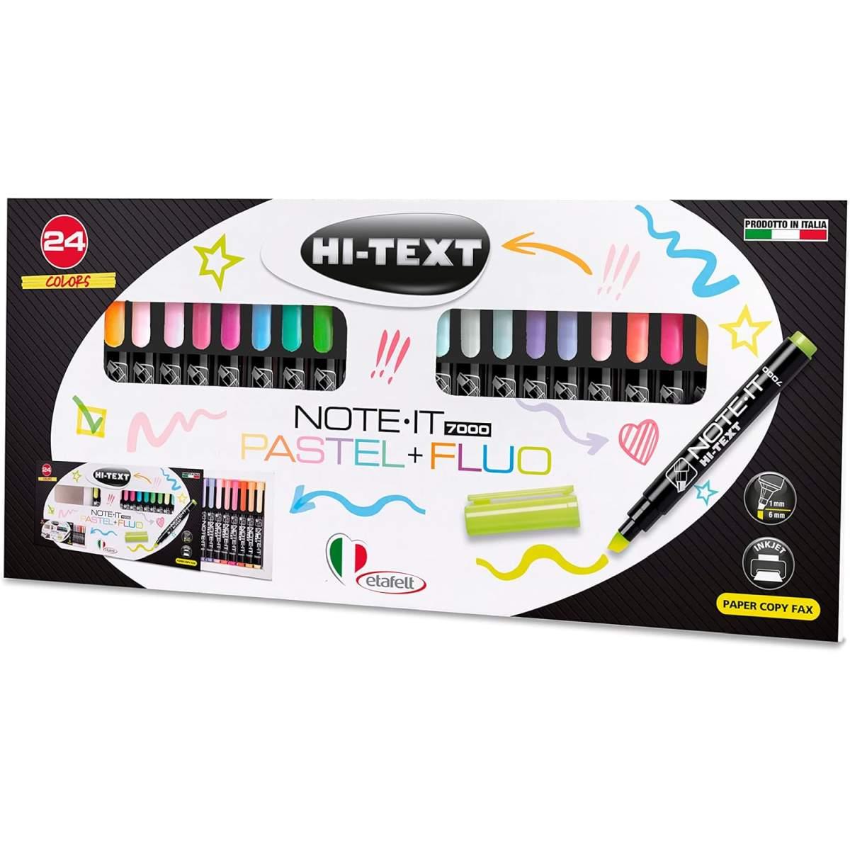 Hi-text - evidenziatori note it 7000 - 24 pz (14 pastel + 10 fluo) - punta scalpello