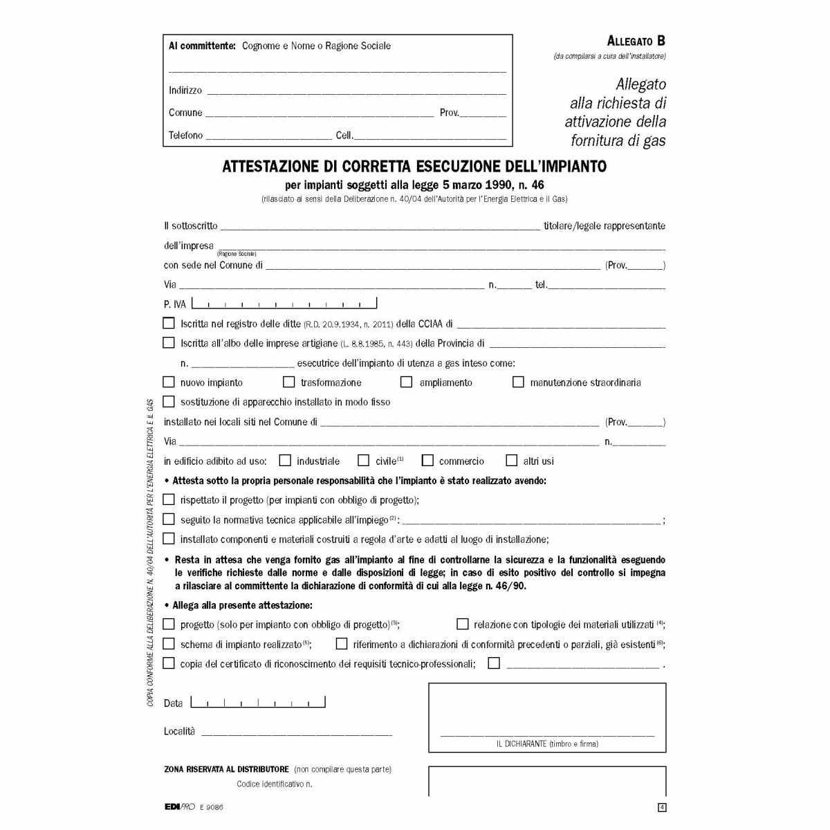 Edipro - attestato di corretta esecuzione dell'impianto 4 copie snap - a4 - 50 pz