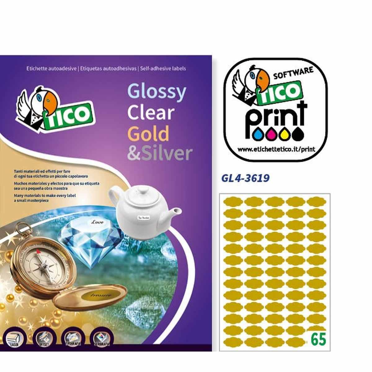 Etichette adesive permanenti sagomate 36 x 19 mm - 188gr - 65 etichette per foglio - 100 fogli - oro satinato