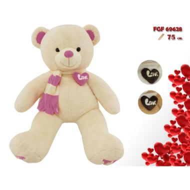 Orso bianco con sciarpa e cuore rosa - 75 cm