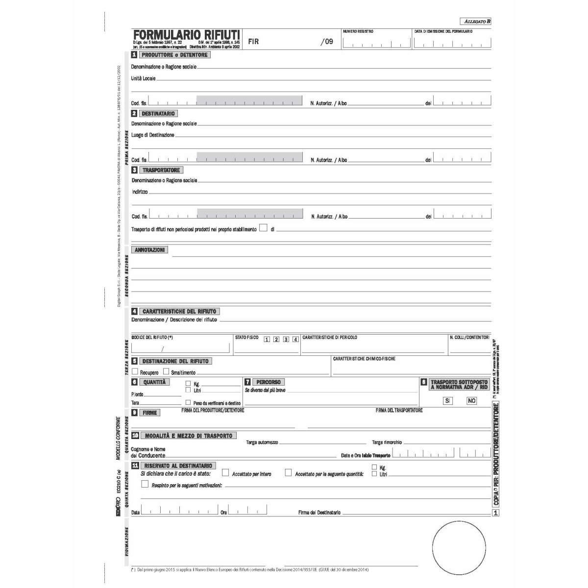 Edipro - blocco formulario identificazione rifiuti (mod. bu) 25 x 4 autoricalcante - formato 29,7 x 22 cm