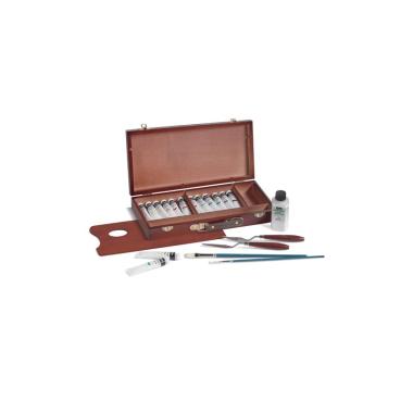 Dom - cassetta in legno, colori acrilici pi accessori - contiene: 12 tubi acrilici da ml.22; 1 flacone medium ml.75; 1 tavolozza legno; 4 pennelli; 2 spatole.