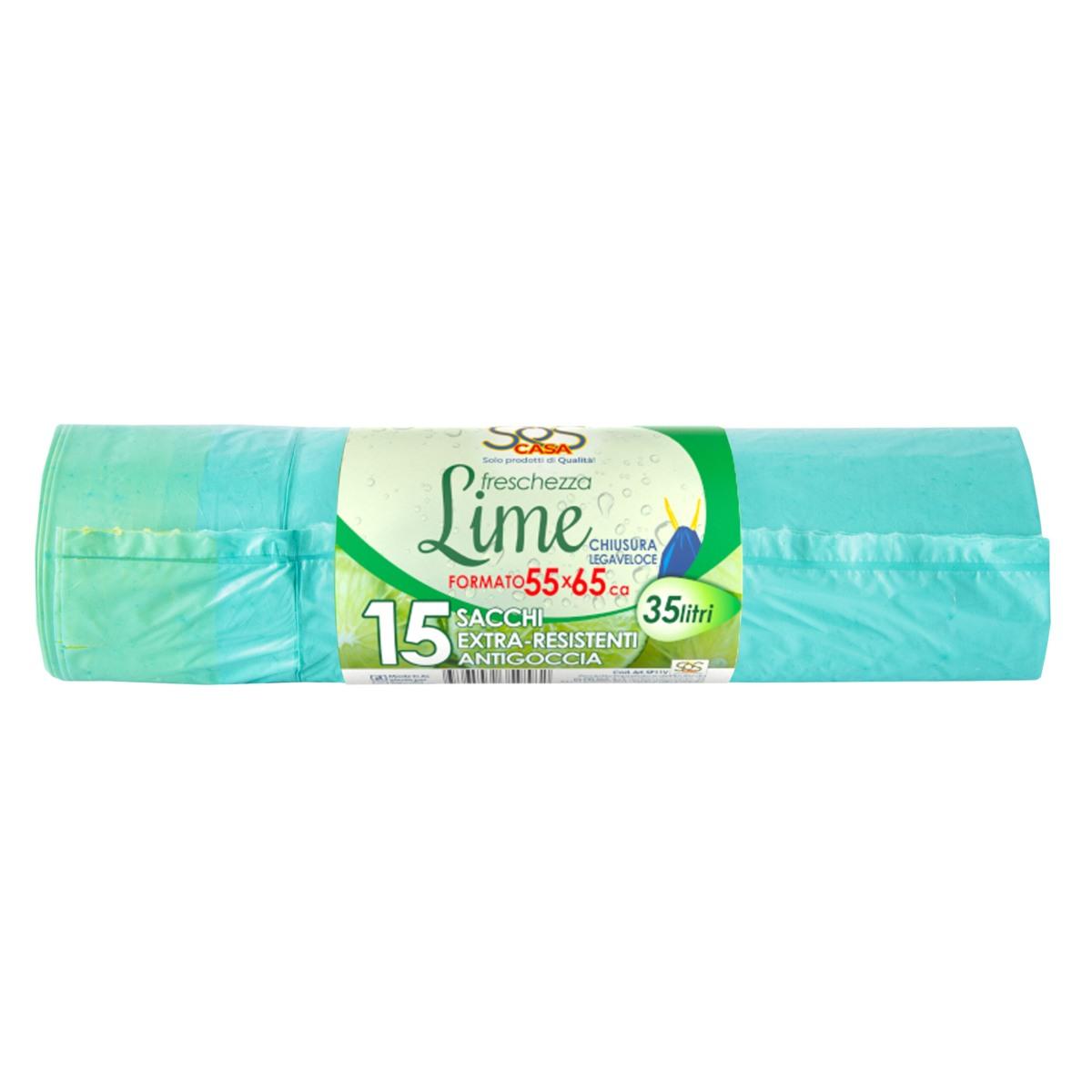Sacco per rifiuti verde lime 55 x 65cm - 35 litri -  antigoccia - 15 strappi