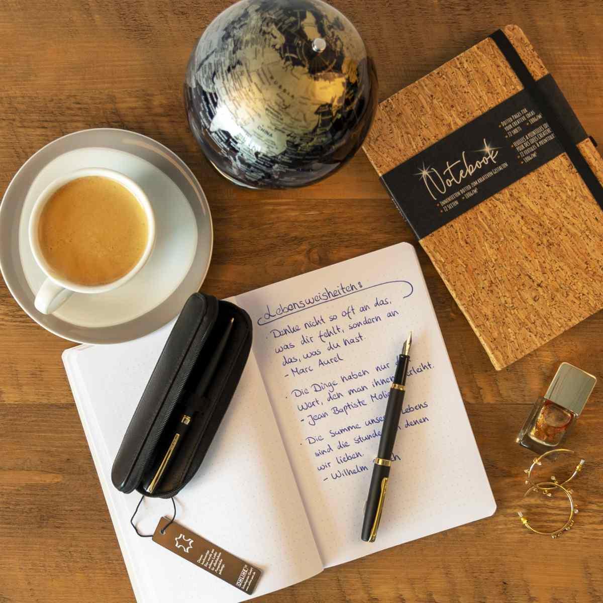 Penna stilografica e penna a sfera - nero/oro - con custodia in pelle - confezione regalo