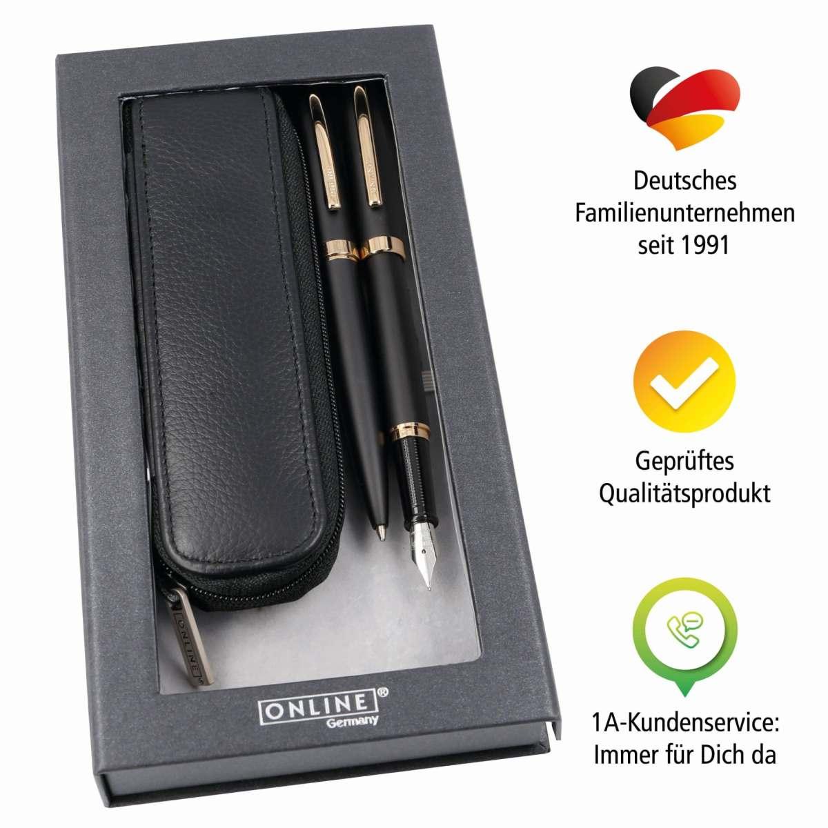 Penna stilografica e penna a sfera - nero/oro - con custodia in pelle - confezione regalo