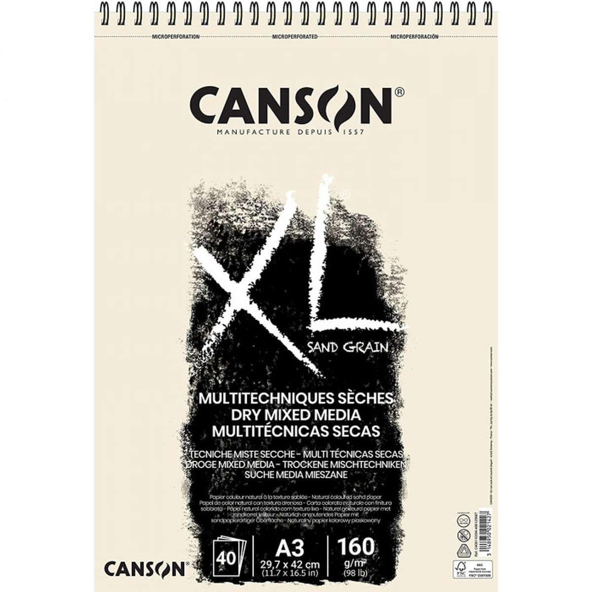 Canson - album disegno spirale - xl sand grain naturale - a3 - 40 ff - 160gr