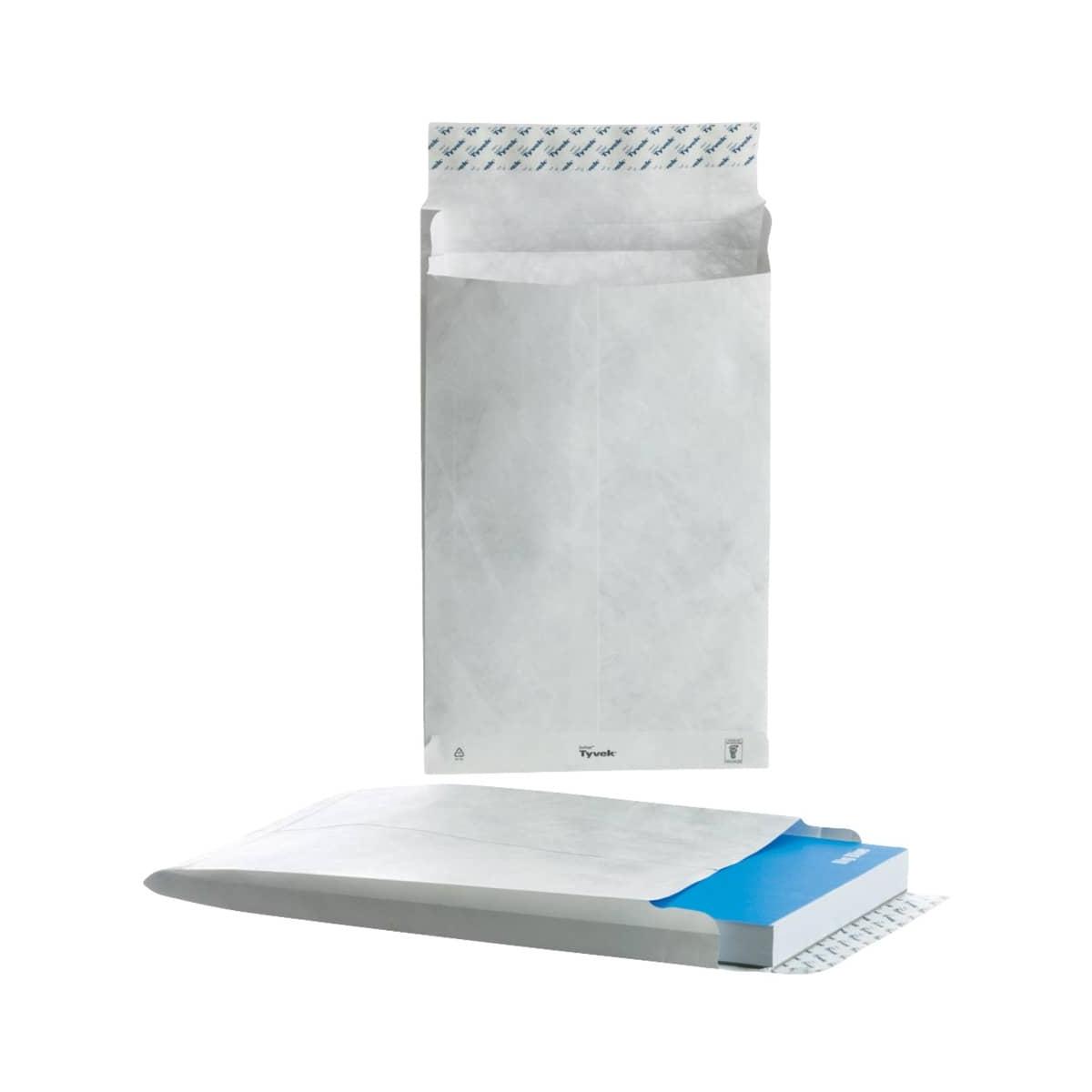 Buste e4 tyvek bianche a sacco con soffietti e strip  - 305 x 406 x 50 mm - 100 pz