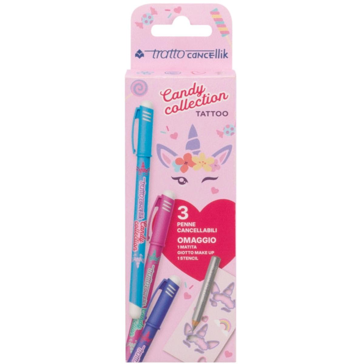 Set 3 penne sfera cancellabili tratto cancellik candy collection tattoo + matita make up omaggio