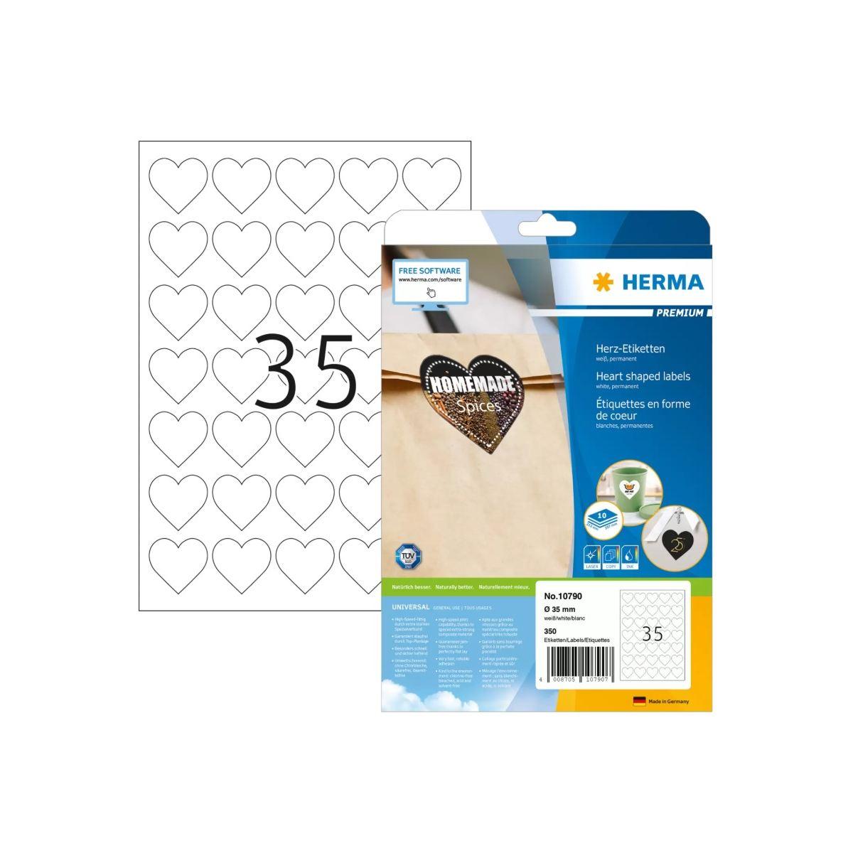 Etichette a forma di cuore premium - a4 - Ø 35 mm - bianche - permanente - 350 pz