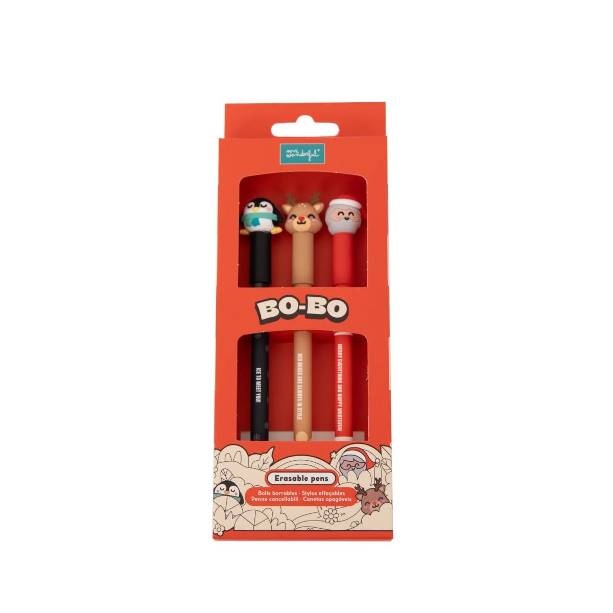 Set di 3 penne cancellabili bo-bo - babbo natale, pinguino e renna