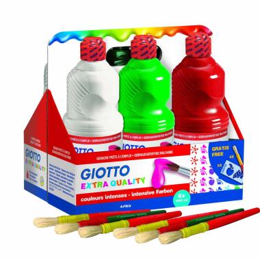 Giotto tempera pronta assortimento school pack da flaconi da 1000ml + 2 stencils decorativi - (bianco - giallo - rosso - verde - ciano - nero)