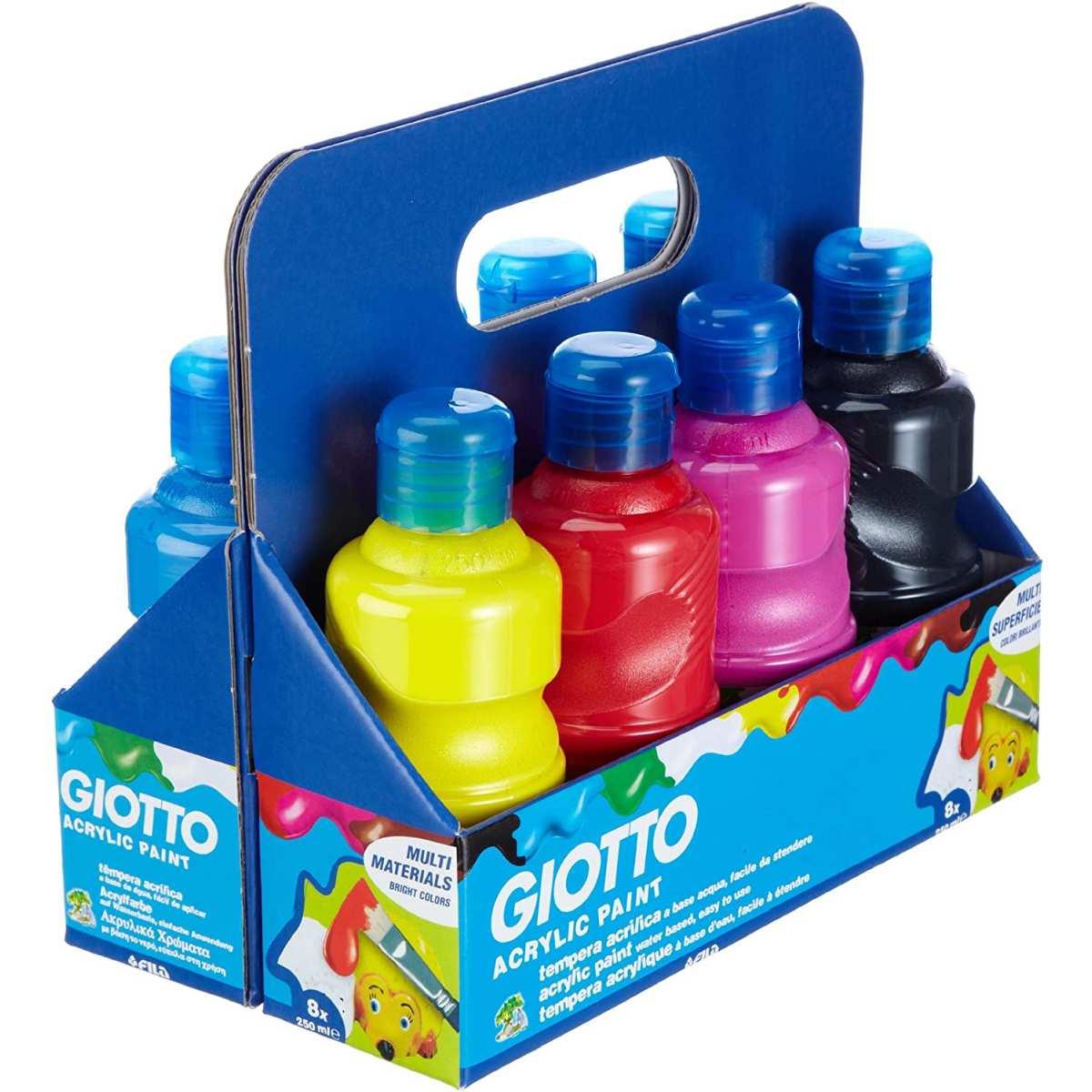 Giotto tempera acrilica - schholpack 8 x 250 ml - (bianco - giallo primario - rosso -  magenta - verde - ciano - nero - marrone)