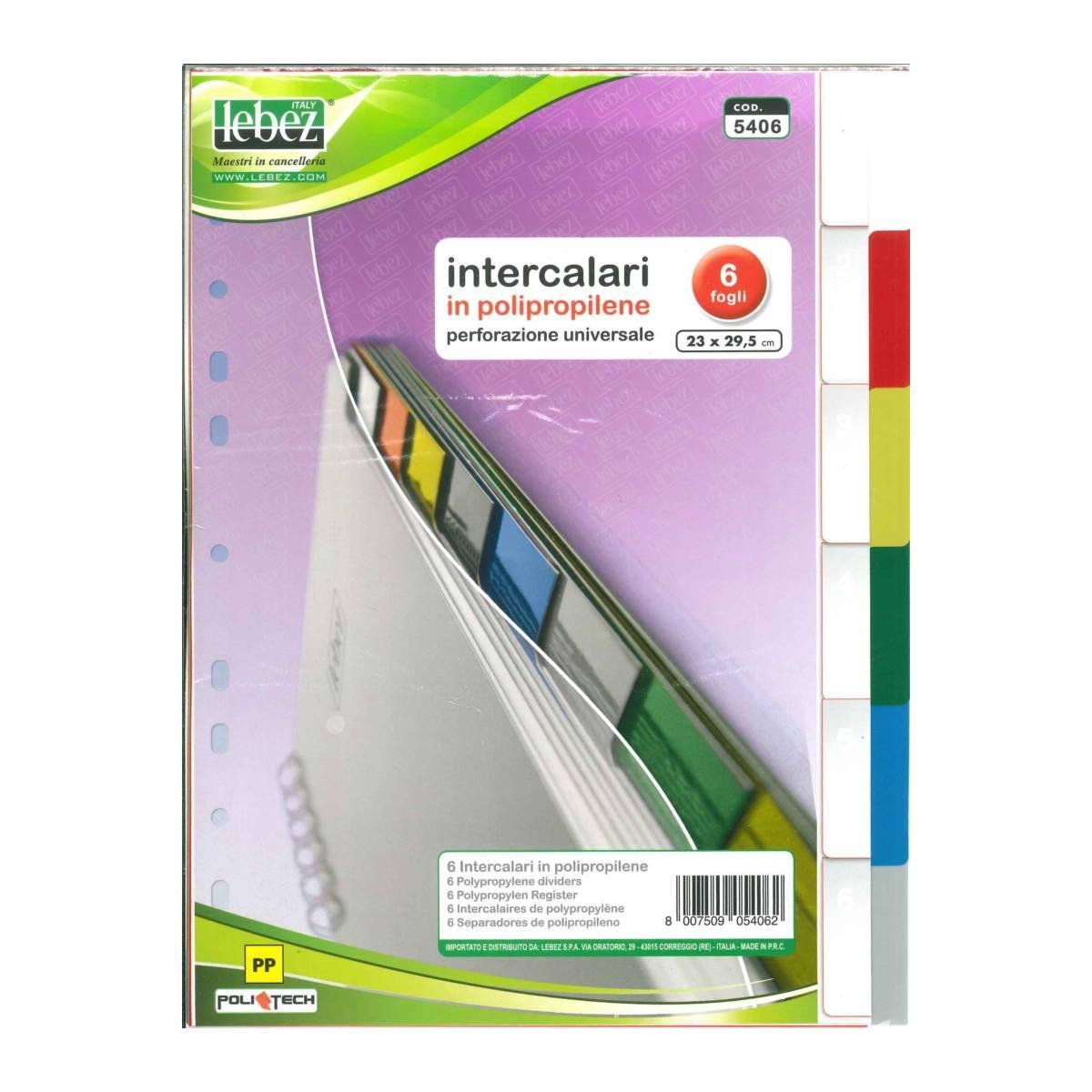 Lebez - set intercalare in polipropilene colorato - perforazione universale - 6 fogli