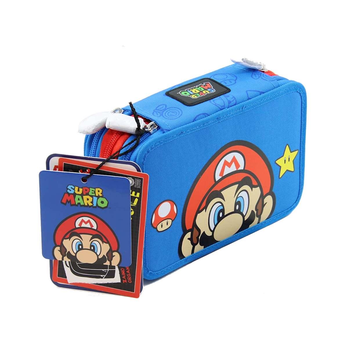 School pack super mario blu - zaino organizzato + astuccio 3 zip completo di colori e accessori