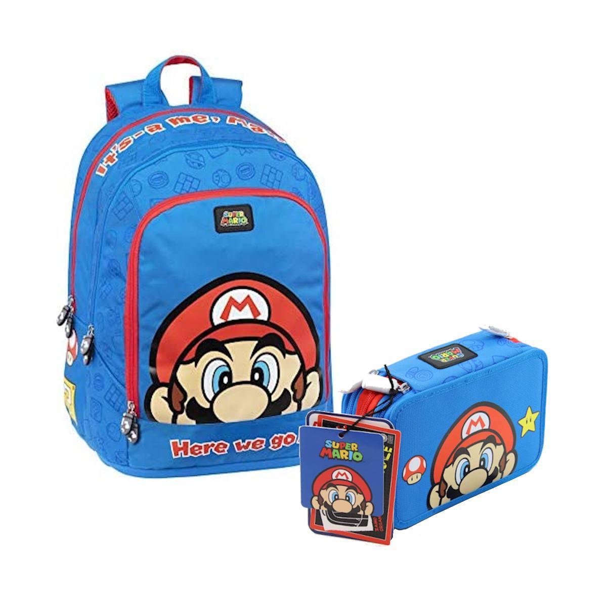 School pack super mario blu - zaino organizzato + astuccio 3 zip completo di colori e accessori