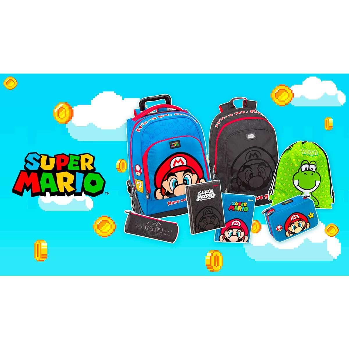 School pack super mario blu - zaino organizzato + astuccio 3 zip completo di colori e accessori