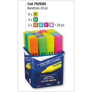 Evidenziatore tratto video - barattolo 20 pz (8 x gi - 2 x ar-az-fu-vi - 4 x ve)